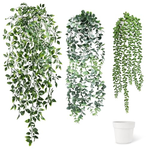 SHEPIN 3 Stück Hängepflanze Künstlich mit Topf47-72 cm Kunstpflanze Hängend