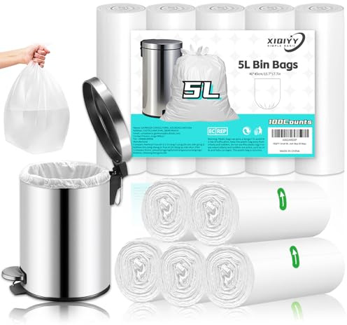 XIQIYY 5L Bin Liners White, Small Pedal Bin Bags for Toilet, 100 Counts | Leakproof Film for Mini Bins, Clean Removal and Daily Waste Disposal