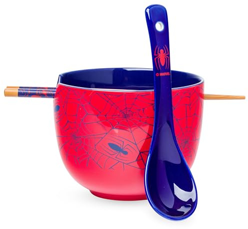 Silver Buffalo Spiderman Spidey Webs and Icons Ceramic Ramen Bowl with Chopsticks and Spoon, 20 oz