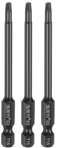 sourcing map Lot de 3 embouts de tournevis Torx T15 6,35 mm Tige hexagonale 75 mm de longueur en acier S3 magnétique inviolable étoile 6 points Embouts de tournevis hexagonaux, noir