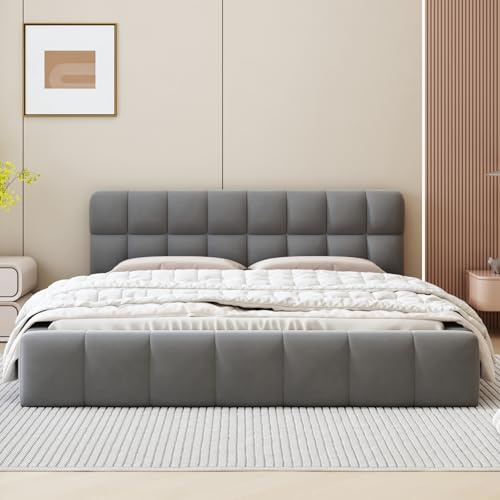 KSFASHZ Polsterbett Bodenbett Doppelbett Flachbett mit Lattenrost und Rückenlehne, Jugendbett Bettgestell, Gepolstertes Bubble Bett, Leinen, Ohne Matratze (Grau, 160x200)
