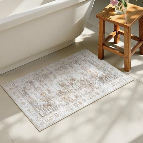 Uphome Boho-Badezimmerteppich, Used-Look, Bauernhaus, helles Khaki, bequemer Samt, kleiner Badteppich, rutschfest, waschbar, orientalischer Vintage-WC-Vorleger für Waschbecken, Dusche, Waschtisch
