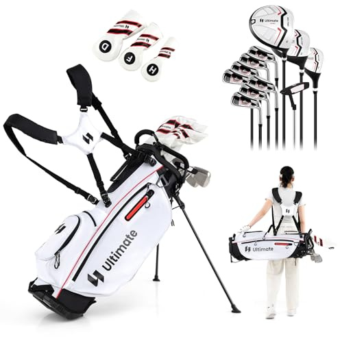 COSTWAY Set Completo di Mazze da Golf con Sacca a Treppiede, Include con Driver 1 da 460CC, Legno 3, Ibrido, Ferri 5, 6, 7, 8, 9, P, S, Putter e Copertura Antipioggia per Destrimani (Rosso)