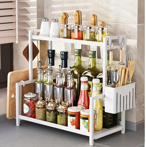 Spice Rack Kitchen Cabinet Organizer,2 Tier Countertop Spice Rack,Spice Organization Easy Visibility,Holds Seasoning and Condiments With shelf, hooks and chopping board holder