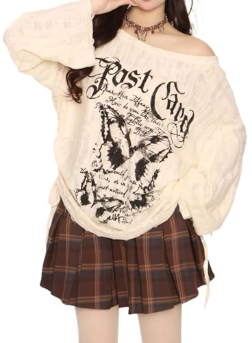 Skateboard Frog Y2K T Shirt Damen Anime Schulterfreies Langarm Löchern Mesh | Damen T-Shirt Grunge Gothic Harajuku Kawaii Streetwear Langarmshirt schulterfrei Cut Out Cartoon Druck lässiges Freizeit Tops