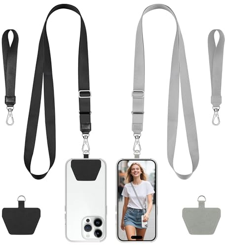 COCASES Phone Lanyard Crossbody and Wrist Strap 2 Pack, Adjustable iPhone Lanyard for neck and wrist with 2 Patches Anti Theft Phone Chain compatible with most Smartphones Black/Grey
