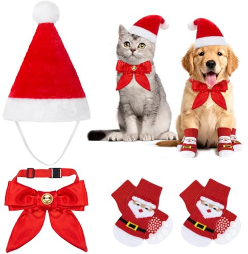 MELLIEX 3 Stück Katzen Hunde Weihnachtskostüm, Hundekostüm Katzenkostüm Weihnachten mit Weihnachtsmützen Verstellbare Rote Fliege Haustiersocken für Katzen und Kleine Hunde