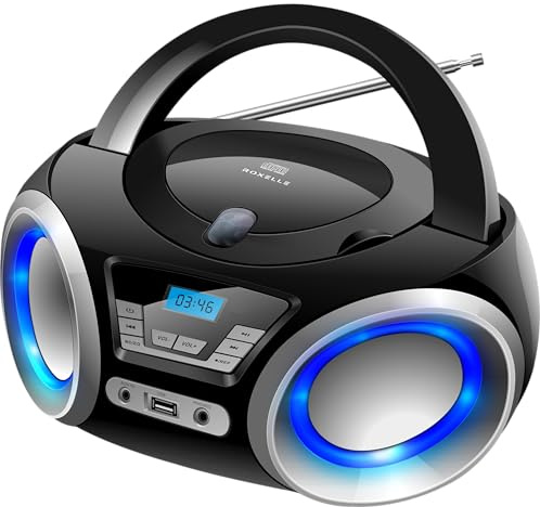 Roxelle CD-300 Portable CD Player with BT Streaming, FM Radio, USB MP3 Playback, AUX Input, Vibrant RGB Lighting, Dual Power (AC/Battery), LCD Display, Headphone socket