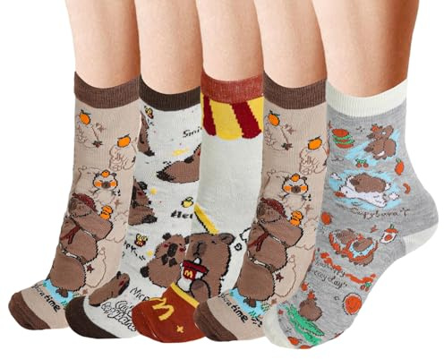 TMZELOA 5 Paar Lustige Capybara Socken Herren Damen 34–42, Baumwollsocken Bunt & Weich, Niedliche Tiermotiv Socken Geschenk, Mittelrohr Socken für Frauen, Süße Weihnachtsstrumpf Socken