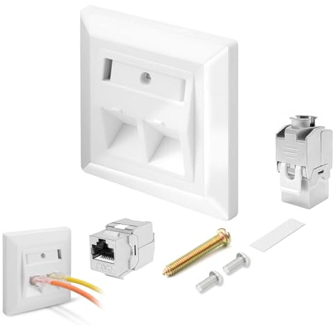 Amztour1 x 2-Port CAT 7 Netzwerkdose Unterputz mit 2 x Keystone CAT 7 Keystone RJ45 Modul 10 GBit/s LAN Dose Unterputz STP Geschirmt Datendose für Internet & Heimnetzwerk Weiß