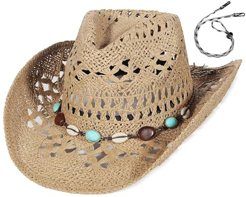 GEMVIE Straw Cowboy Hat for Women Ladies Summer Beach Straw Hat Shapable Brim Western Cowgirl Sun Hat with Turquoise Band and Chin Strap
