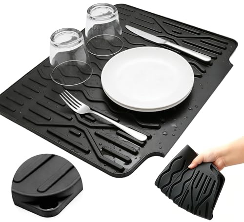 Alfombrilla Escurreplatos Silicona con Abertura Guía Agua Alfombra Escurreplatos para Escurrir Platos Tazas Resistente Calor Fácil de Limpiar Guardar 40x32,5 CM Escurridor de Platos Silicona Negro