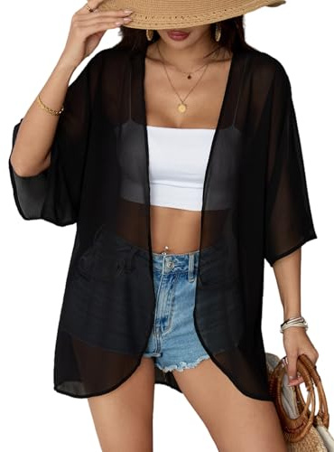 Chunoy Women Summer Beach Cover Up Lightweight Sheer Chiffon Kimono Cardigan Open Front Loose Tops Black Medium