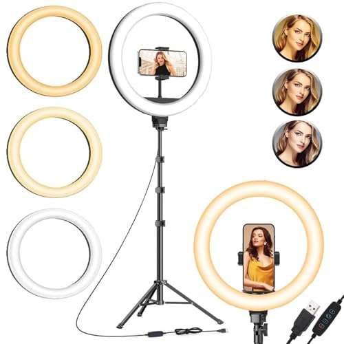 12 inch Ring Light with Tripod Stand & Phone Holder, 3 Light Modes & 10 Brightness Levels Selfie Ringlight, 1.7M Tall Circle Light for Live Streaming Zoom Meeting Makeup & More (12 Inch)