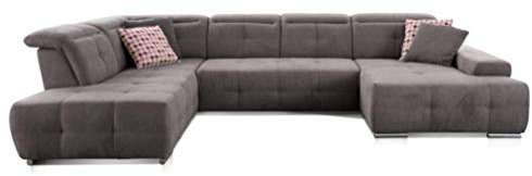 CAVADORE Wohnlandschaft Mistrel mit Longchair rechts und Ottomane links / Großes Sofa in U-Form / Inkl. Kopfteilfunktion / 343 x 77-93 x 228 / Kati Fango