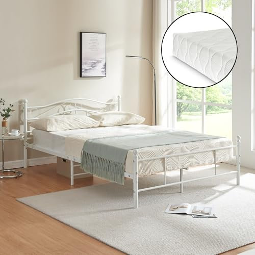 [en.casa] Metallbett (Florenz) mit Matratze (160 x 200cm)(Weiss) mit geschwungenem Kopfteil/Pulverbeschichtet/inkl. Lattenrost /