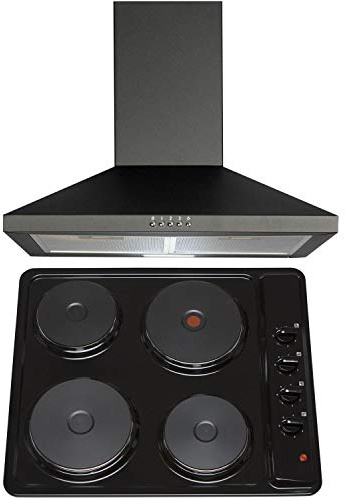 SIA 60cm Black 4 Zone Solid Plate Hob And Chimney Cooker Hood Kitchen Extractor