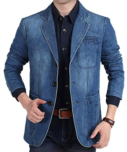 Cloudstyle Mens Casual Buttons Denim Blue Jacket Classic Fit Autumn Blazer Sport Coat