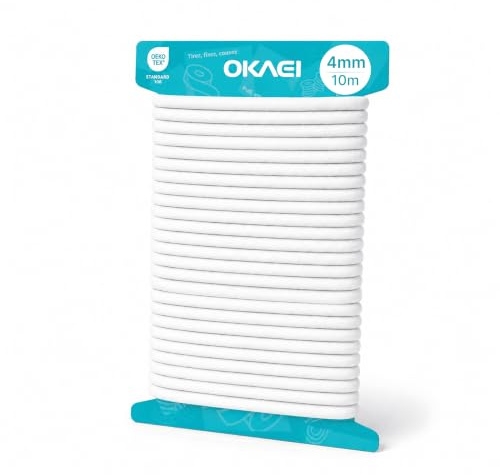 OKAEI Gummikordel 4mm x 10m - Hochwertiges Gummiseil in Weis, Flexibles Gummiband/Hutgummi/Rundgummi - Ideal für DIY Projekte und Handwerk