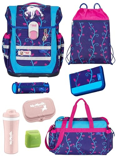 Familando - McNeill Ergo Complete Schulranzen Set - 9-teilig - Lilly Einhorn/Unicorn - Ergonomisch & 3-Fach verstellbar - 1150g leicht mit 20L Volumen & Reflektoren - Für Grundschule ab 1. Klasse
