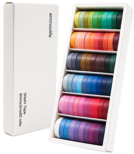 60 Rolls Washi Tape Sets 8mm Wide 10ft Long Basic Solid Color Rainbow Colored Decorative Thin Masking Tapes for Arts, Children Gifts, Bullet Journals, Wrapping Planner, Calendar, Scrapbooking DIY