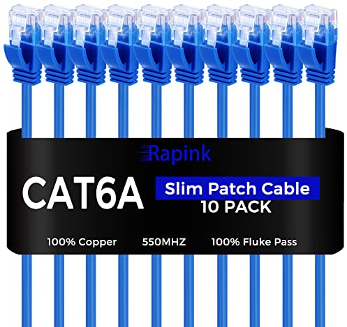 Rapink Cat6a 2ft Ethernet Patch Cables (10 Pack), Slim, Flexible, 10G Support, Gold Plated, Cat6a Ethernet Cable for Patch Panel to Switch, Space Saving, High Density Environments
