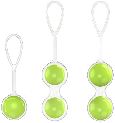 Bolas Chinas o de Kegel con tres pesos y formas diferentes, ejercitante y reafirmante del músculo del suelo pélvico, con divertida forma de pelotas de tenis.