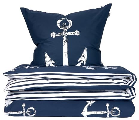 Schiesser Bettwäscheset Marina | 2-teilig | Maritim | Renforcé | 100% Baumwolle | Oeko-Tex Zertifiziert | Reißverschluss | 135x200cm + 80x80cm | Dunkelblau