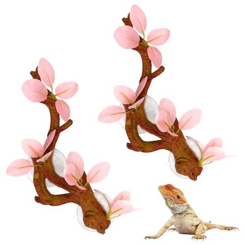 kathson 2 PCS Reptile Corner Branch, Lizard Climb Branches Decor Terrarium Plant Decoration with Suction Cup Reptile Tank Plant Ornament for Bearded Dragons Gecko Snake Spider Frog (Pink)