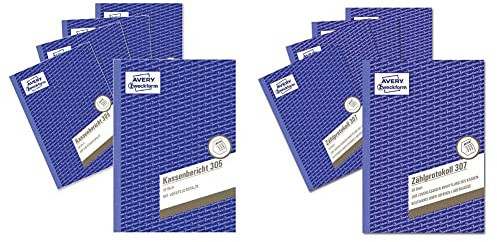 AVERY Zweckform 305-5 Kassenbericht (A5, mikroperforiert 50 Blatt) 5er Pack weiß & 307-5 Zählprotokoll für offene Ladenkassen (A5, von Steuerberatern empfohlen, für Deutschland 50 Blatt) 5er Pack weiß