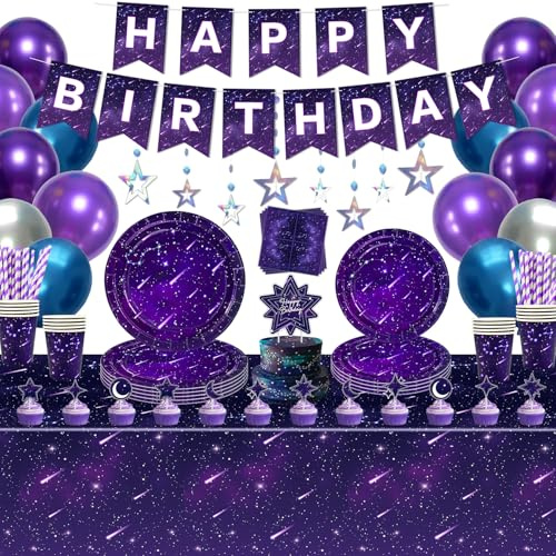 173 Pièces Décoration Galaxie Party Star Accessoires Lila Outer Space Theme Vaisselle Set, Assiettes en Carton, Serviettes, Banner, Cadeaux pour 20 Invités