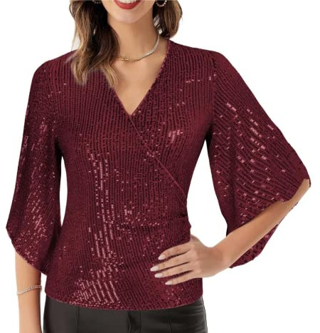 GRACE KARIN Damen Pailletten Bluse Festliche 3/4 Ärmel Elegante Oberteil | 3/4-lange Schlitzärmel im Cape-Stil, Überkreuzter V-Ausschnitt, Pailletten besetzt, Cocktail- und partytauglich