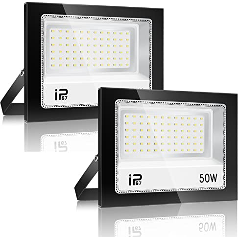 Foco Led Exterior 50W 2Pcs, Iluminación de Exterior Seguridad,7000K Blanco Frío, Proyector LED Exterior,IP67 Impermeable 5000LM, Superbrillante Foco LED，para Patio, Garaje, Entrada, Fábrica,Campo
