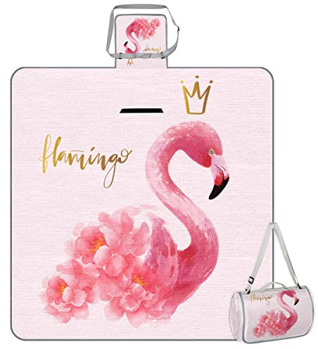 TropicalLife Flamingo-Picknickdecke, Flamingo-Blumen, quadratisch, wasserdicht, faltbar, für drinnen und draußen, Matte für Strand, Camping, Park, Familientreffen, Aktivitäten