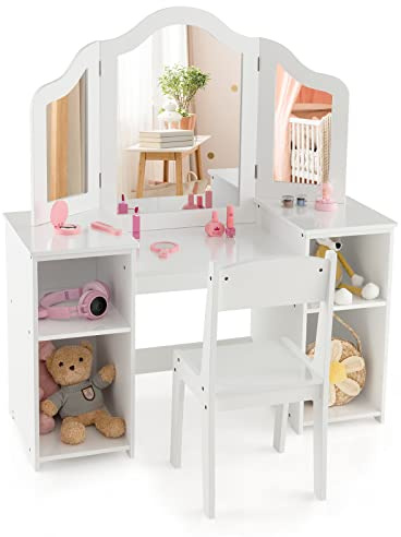 COSTWAY 2 en 1 Coiffeuse et Chaise Enfants avec Miroir Amovible à Trois Volets, Table de Maquillage Princesse avec 4 Compartiments de Stockage, 104x40x117cm pour Enfants de 3 Ans+…