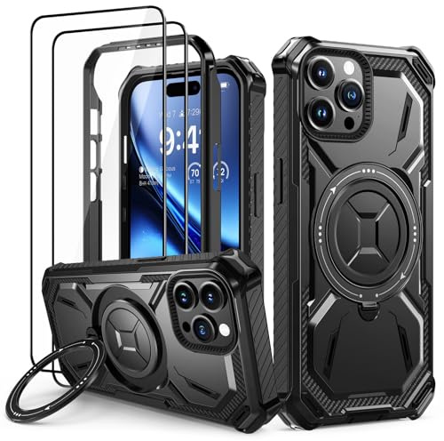 Lanhiem Cover per iPhone 15 Pro con 2 Pezzi Vetro Temperato, Supporto Magnetico ad Anello a 360° Protezione Antiurto Anticaduta di Livello Militare Armor Protezione, Custodia per iPhone 15 Pro, Nero