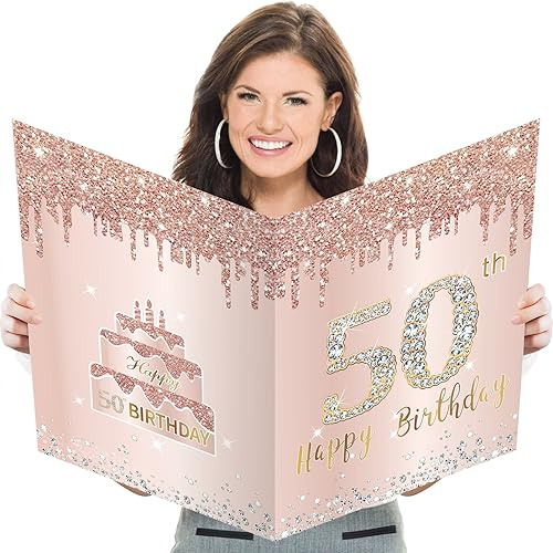 Grande carte d'anniversaire 50 ans avec enveloppe, livre d'or géante pour femme, carte d'anniversaire extra grande, or rose