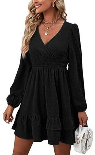 Robe à Manches Longues Femme Col en V Casual Midi Elegante Chic Courte Manche Lanterne Garniture à Volants Automne Chic et Elegant Jupe de Plage
