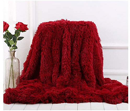 Hggzeg Superweiche, lange, zottelige Überwurfdecke, elegantes, gemütliches Kunstfell, dekorative Überwurfdecke für Couch, Stuhl und Bett, Weinrot, 200 x 230 cm