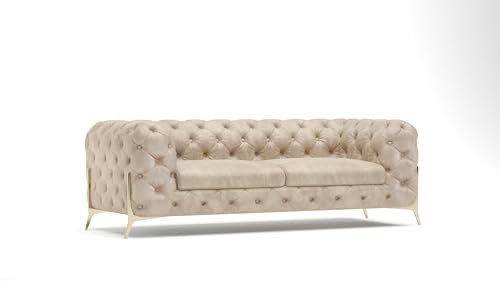 S-Style Möbel Casero Sofa 3-Sitzer Chesterfield-Sofa für Wohnzimmer Freistehende Polster Sofas & Couches Couchgarnitur Mit Goldenen Metallfüßen Beige 225 x 100 x 75 cm