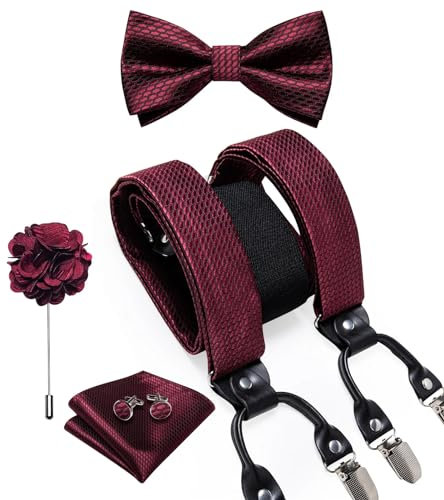 BoShiNuo Weiße Hosenträger aus Seide für Herren verstellbar mit 6 Clips Hosenträger Leder Metall vorgebundene Fliege Brosche Einstecktuch-Set BD-4034-0189