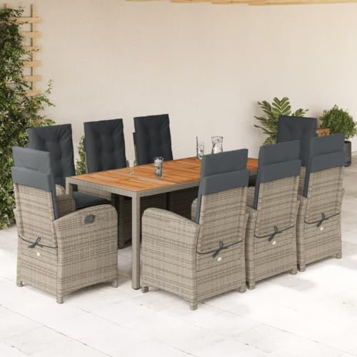 SECOLI Polyrattan Sitzgruppe Garten Essgruppe 8 Personen Rattan Gartenmöbel Set mit 8 Rattansessel Hochlehner Verstellbar Essgruppe Outdoor Gartengarnitur Sitzgarnitur Grau 9-tlg-Type-306