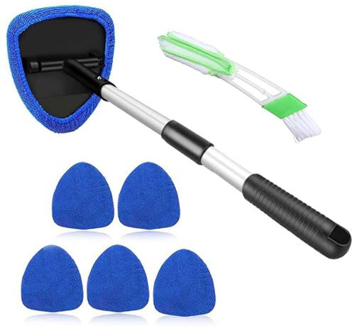 hautllaif Kit de nettoyage pour vitres de voiture, avec 6 tampons en microfibre, avec poignée extensible, rotatif à 180 °