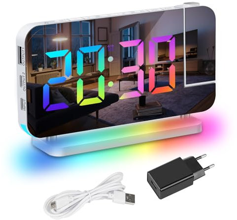 Exmate Despertador de Proyección Rainbow LED Espejo, Digital Reloj Gran Pantalla con Luz de Noche RGB, Dos Puerto de Carga USB, Función Snooze, Proyector Giratorio de 180° ((Blanco con Adaptador)