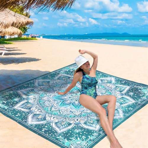 Treer Coperta da Picnic Grande Impermeabile Pieghevole, Mandala Stile Antisabbia Coperta da Campeggio Portatile Leggero Bambini Come Tappeto da Gioco per Spiaggia (150x150 cm,Mandala)