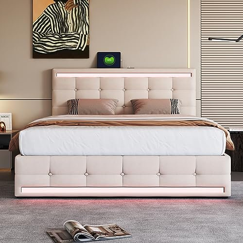 KeepGoon Doppelbett,Polsterbett 140x200, LED-Bettgestell mit 2 USB-Ladestationen,Stauraumbett mit 4 Schubladen und Lattenrost, Kopfteil,Jugendbett,Leinenstoff,gepolstertes Plattformbett (Beige)
