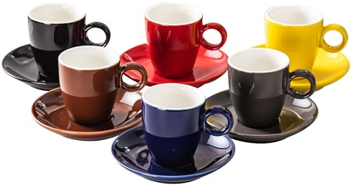 NewSangXia Lot de 6 tasses à expresso colorées de 74 ml avec soucoupes, ensemble de tasses à café colorées, tasse à thé en céramique avec anse, couleurs assorties