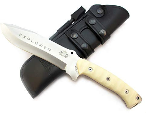 Cuchillo Deportivo de Aventura Supervivencia Caza Monte Bushcraft Camping Outdoor Campo - Funda de Piel con pedernal - Acero MOVA 58 - Fabricado en España