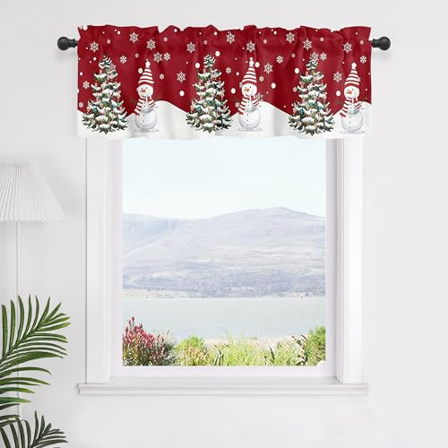 SCHOAL Scheibengardine mit Tunnelzug Scheibenvorhang Blickdicht Gardine mit Weihnachtsbaum und Schneemann Weihnachtsdekoration 1 Stück HxB 55x230 Rot