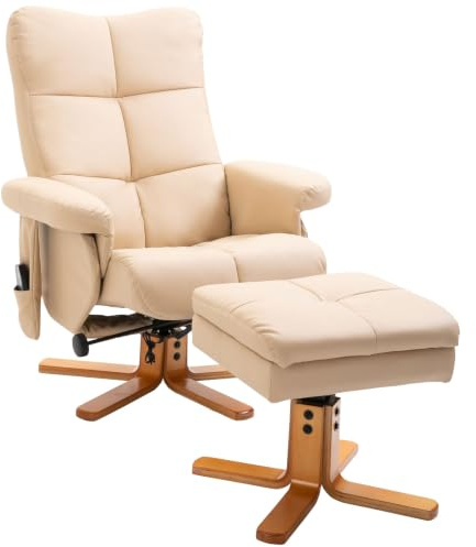 HOMCOM Relaxsessel mit Hocker 360° Drehbar aus Polyester Cremeweiß | Fernsehsessel, Elektrisch, Liegefunktion, Massage, Massagesessel mit Seitentasche, TV-Sessel, für Wohnzimmer